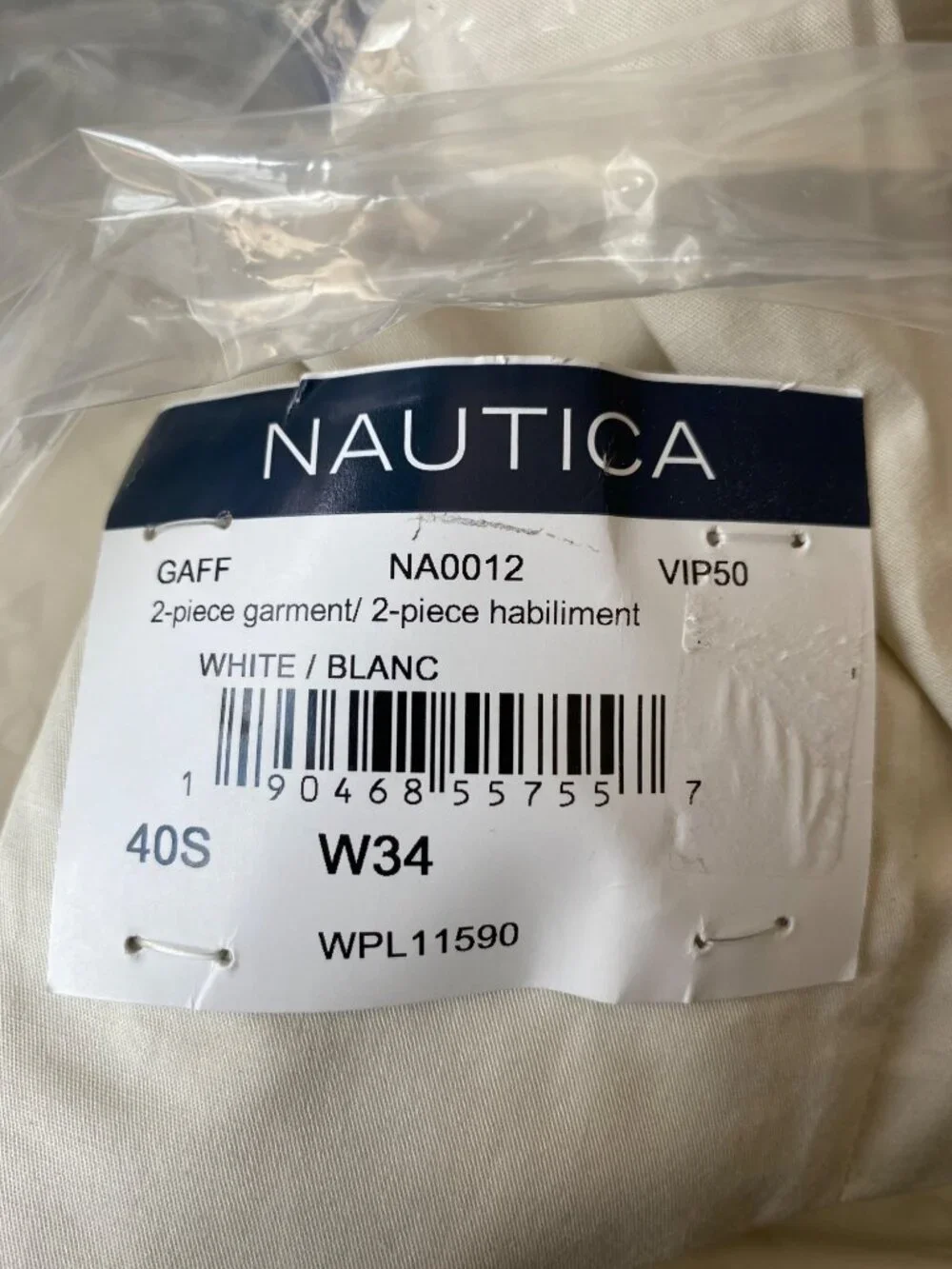 Nautica Mens Modern Fit Stretch Cotton Solid Suit White Cream Size 40S/W34 NWT